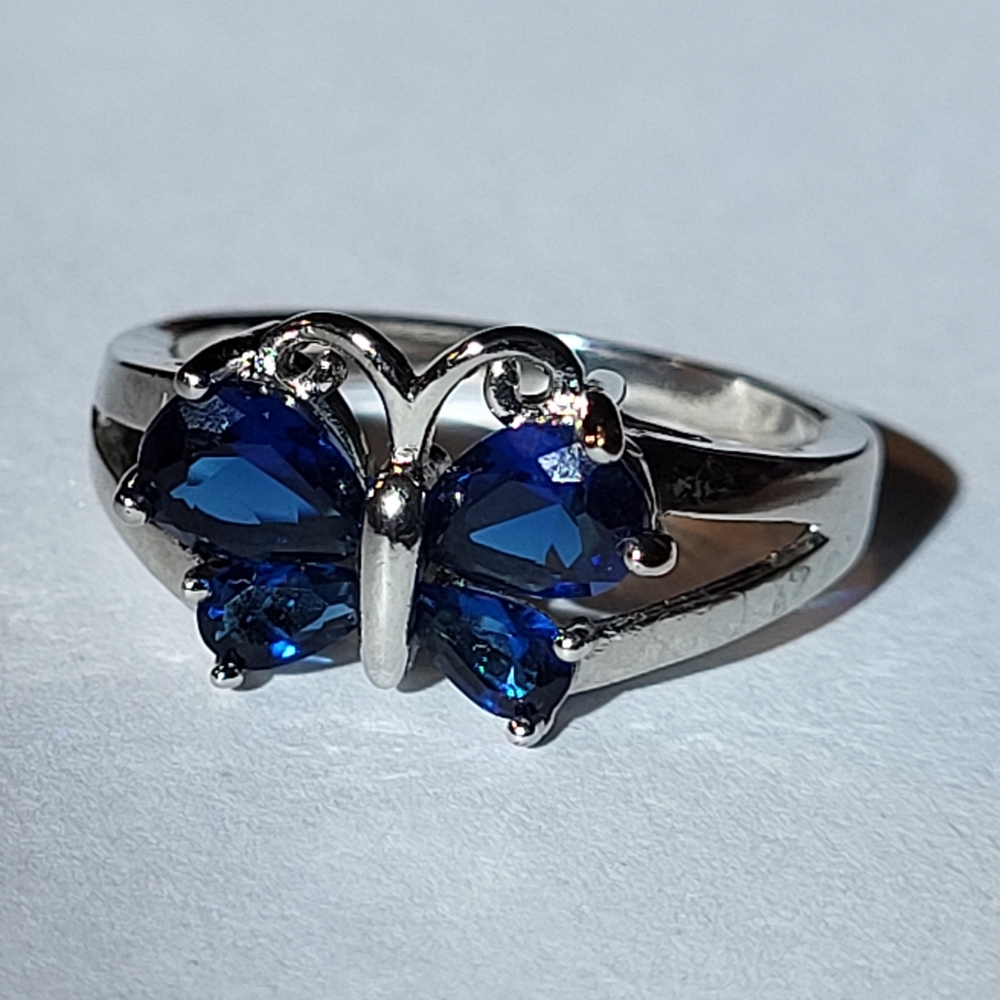 Sterling Silver With Simulated Blue Sapphire Butterfly Ring, Sz 9